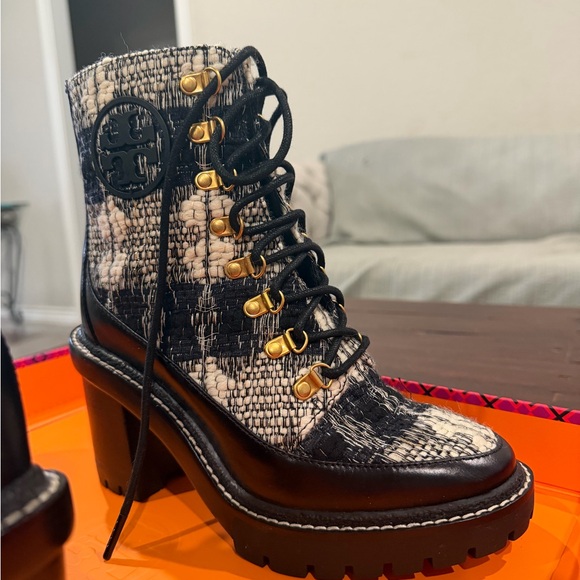 Tory Burch Black and Tan Lace-Up Boots